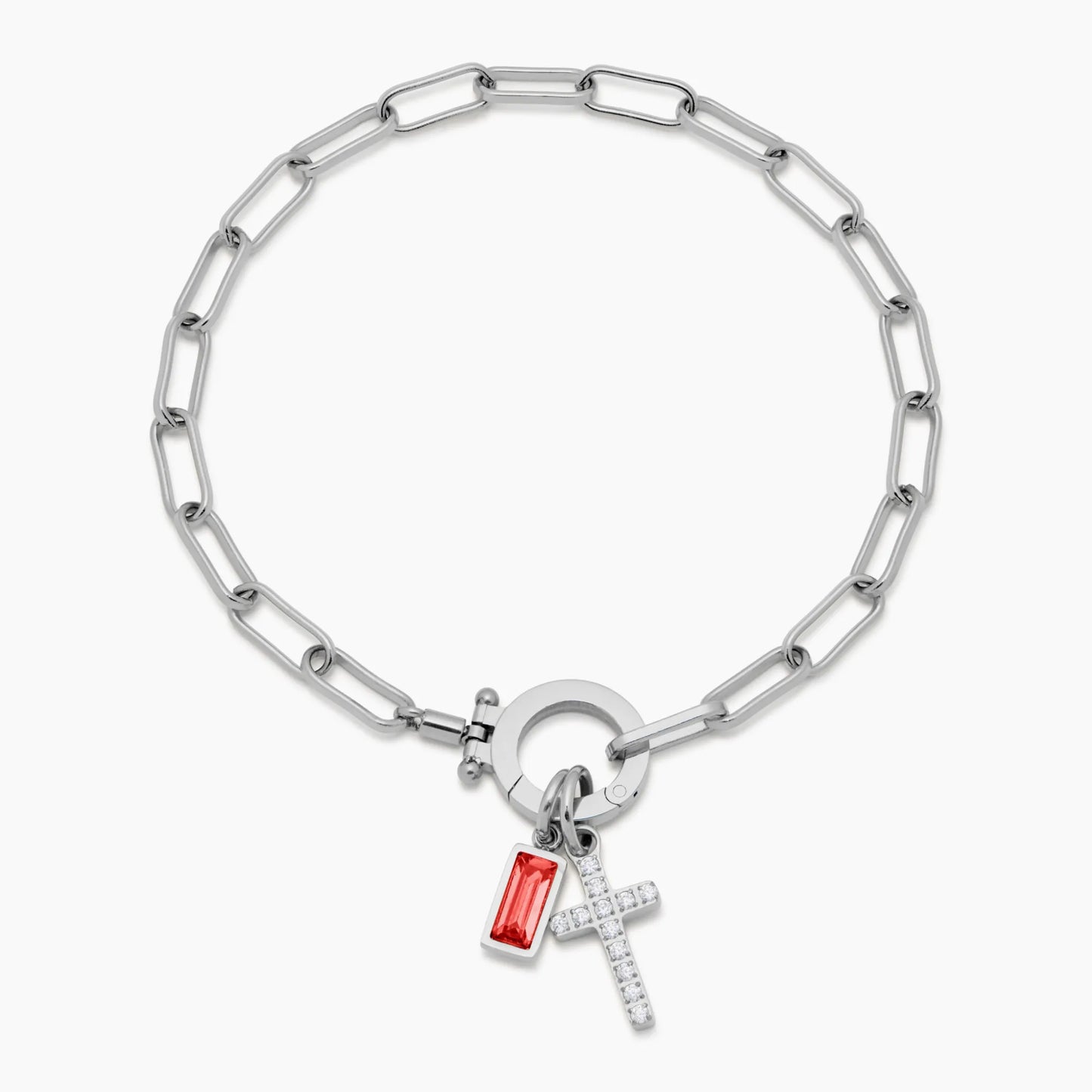 Paperclip Birthstone Cross Bracelet
