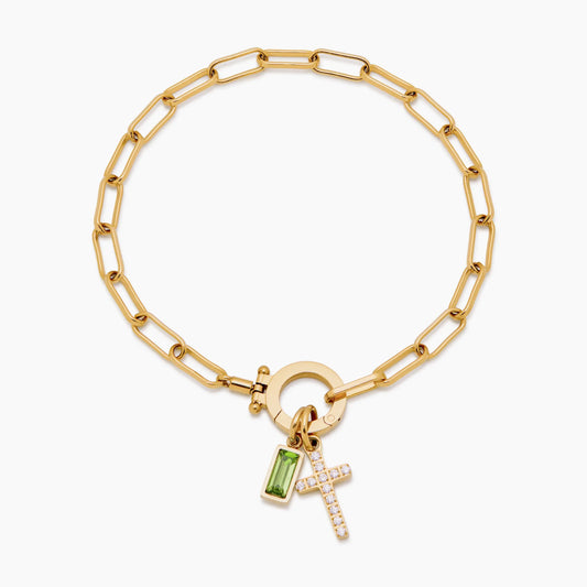 Paperclip Birthstone Cross Bracelet