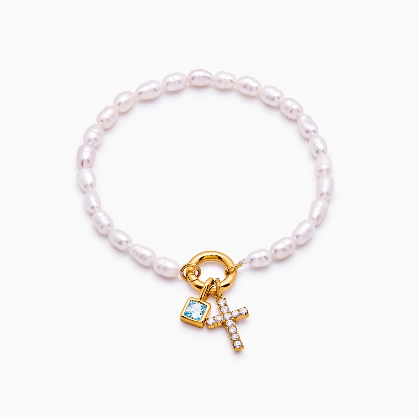Pearl & Birthstone Cross Bracelet
