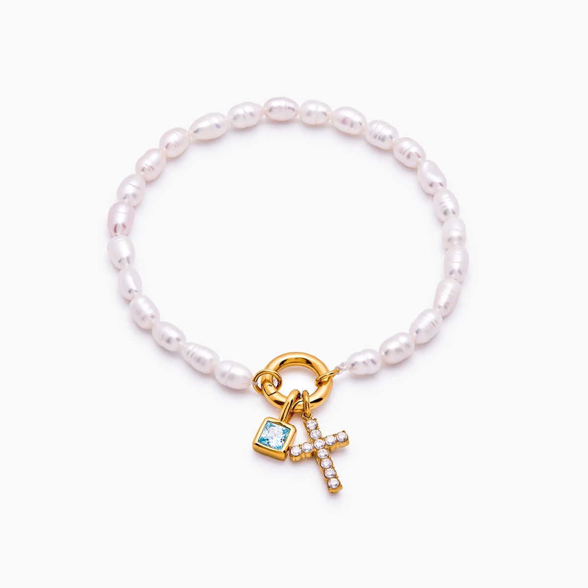 Pearl & Birthstone Cross Bracelet
