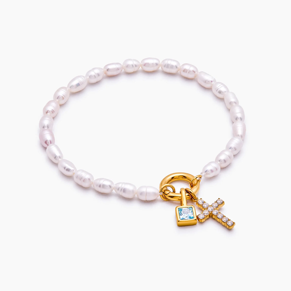 Pearl & Birthstone Cross Bracelet