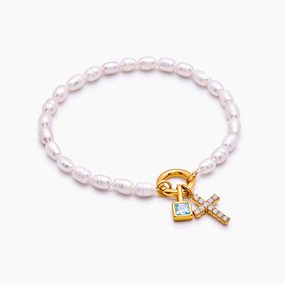 Pearl & Birthstone Cross Bracelet
