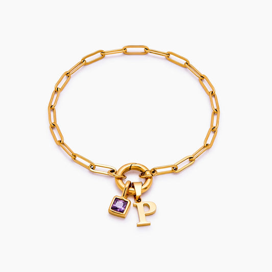Paperclip Initial & Birthstone Bracelet